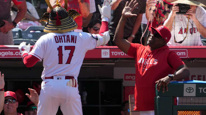 Jul 2, 2023; Anaheim, California, USA; Los Angeles Angels designated hitter Shohei Ohtani (17)