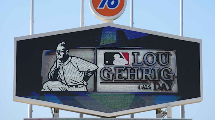 Jun 2, 2023; Los Angeles, California, USA; Lou Gehrig Day on the video board at Dodger Stadium. Mandatory Credit: Kirby Lee-Imagn Images