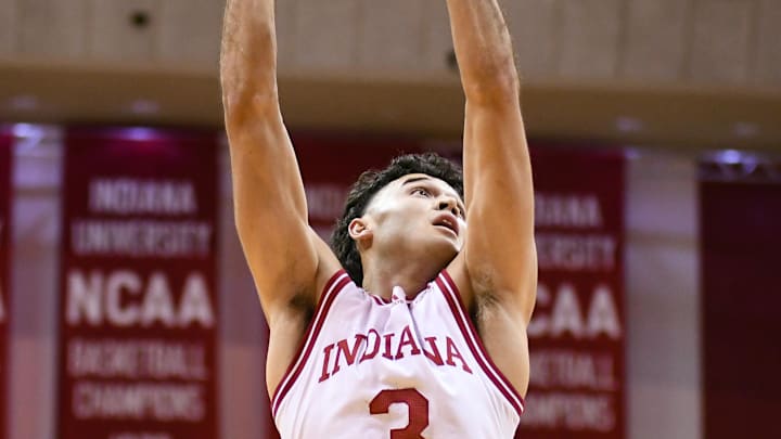 Jan 14, 2025; Bloomington, Indiana, USA; Indiana Hoosiers guard Anthony Leal (3) rebounds the ball during the second half against the Illinois Fighting Illini at Simon Skjodt Assembly Hall. Mandatory Credit: Robert Goddin-Imagn Images