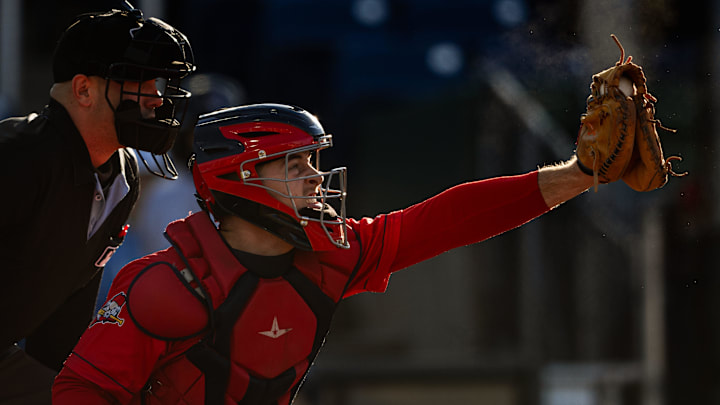 Portland Sea Dogs catcher Kyle Teel squeezes the glove during a game at Hadlock Field in Portland, Maine on Friday, May 10, 2024.