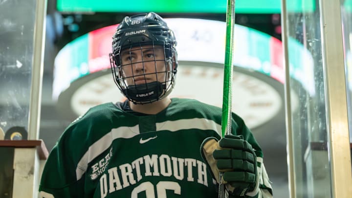 Dartmouth sophomore Jack Silverberg  walks off the ice at Thompson Arena in Hanover, N.H. 