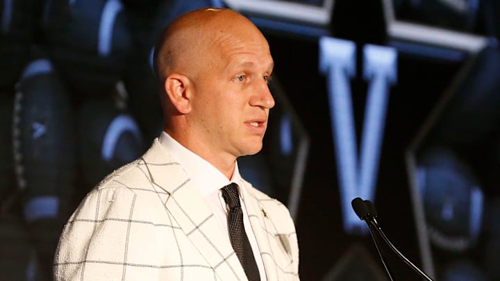 Vanderbilt Head Coach Clark Lea speaks to the media in his first appearance in the Hyatt Regency at SEC Media Days in Hoover, Ala., Wednesday, July 21, 2021. The Vanderbilt football helmet next to him was his helmet when he played for the Commodores