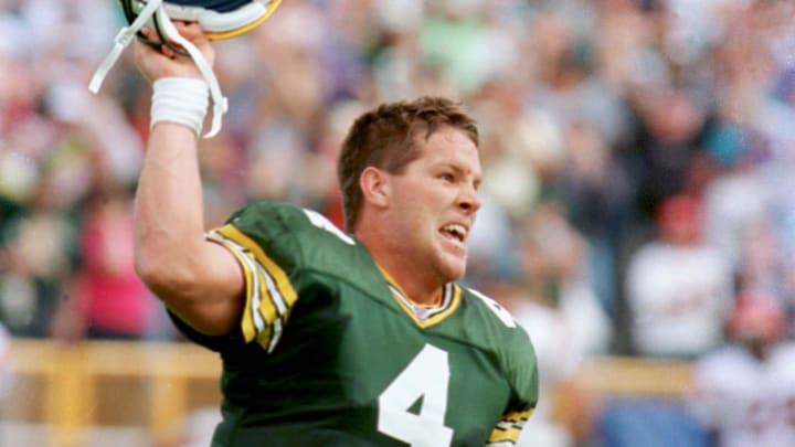 Brett Favre celebrates after the Green Bay Packers 24-23 victory over Cincinnati on Sept. 20, 1992 Brett Favre celebrates after the Green Bay Packers 24-23 victory over Cincinnati on Sept. 20, 1992