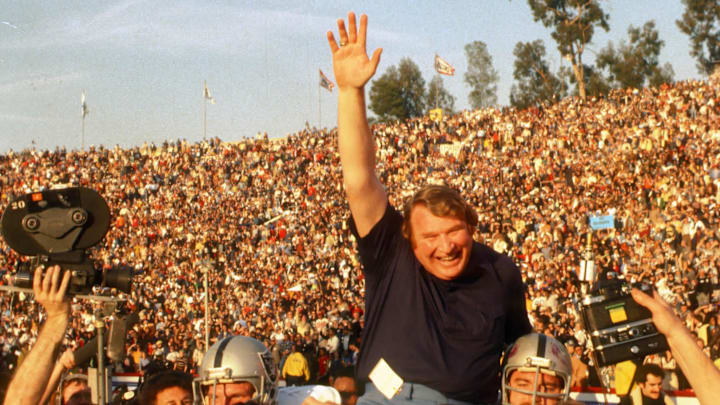 Jan 9, 1977, Pasadena, CA, USA; FILE PHOTO;  Oakland Raiders head coach John Madden gets a victory ride after defeating the Minnesota Vikings during Super Bowl XI at the Rose Bowl. The Raiders defeated the Vikings 32-14 to win their first Super Bowl championship. Mandatory Credit: Photo By Tony Tomsic-Imagn Images