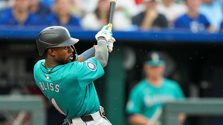 Seattle Mariners second baseman Ryan Bliss (1) hits a home run during the first inning against the Kansas City Royals at Kauffman Stadium on June 7. Seattle Mariners second baseman Ryan Bliss (1) hits a home run during the first inning against the Kansas City Royals at Kauffman Stadium on June 7.