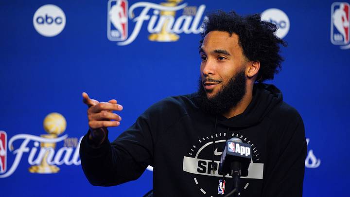 Jun 2, 2026; San Antonio, TX, USA; San Antonio Spurs forward Julian Champagnie (30) talks to press during NBA Finals media day at Frost Bank Center. Jun 2, 2026; San Antonio, TX, USA; San Antonio Spurs forward Julian Champagnie (30) talks to press during NBA Finals media day at Frost Bank Center.