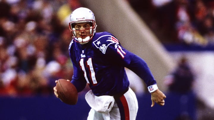 Nov 30, 1997; Foxboro, MA, USA; FILE PHOTO; New England Patriots quarterback Drew Bledsoe (11) in action against the Indianapolis Colts at Foxboro Stadium. Mandatory Credit: Lou Capozzola-USA TODAY NETWORK