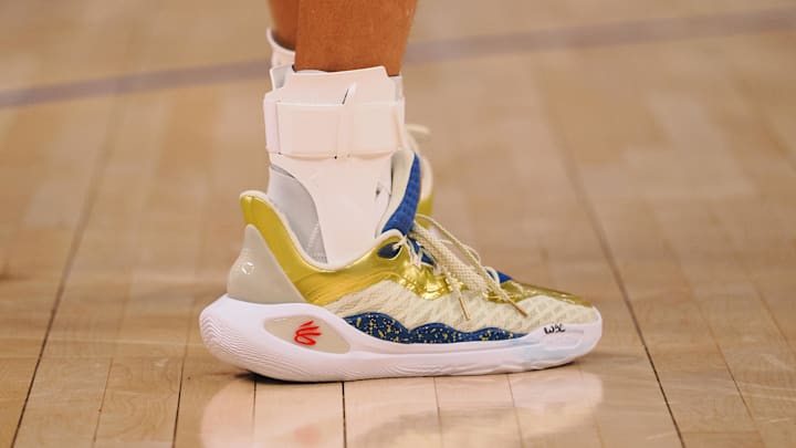 Jan 24, 2024; San Francisco, California, USA; The shoes of Golden State Warriors guard Stephen Curry (30) during the third quarter against the Atlanta Hawks at Chase Center.