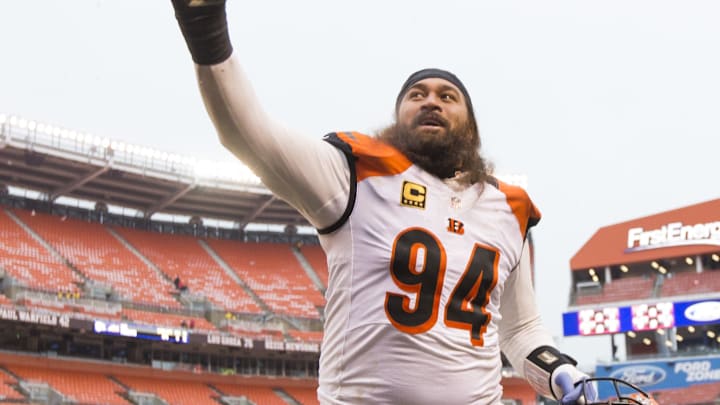 Dec 11, 2016; Cleveland, OH, USA; Cincinnati Bengals defensive tackle Domata Peko (94) tosses his game gloves to fans after the game against the Cleveland Browns at FirstEnergy Stadium. The Bengals won 23-10. Mandatory Credit: Scott R. Galvin-Imagn Images