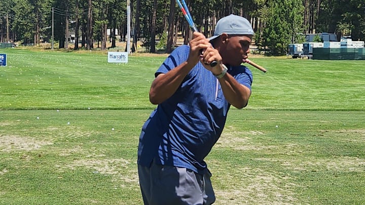 Charles Barkley warms up on the driving rage on Thursday, July 10, 2025 at Edgewood Tahoe golf course ahead of the American Century Championship celebrity golf tournament.