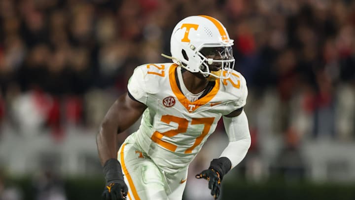 Nov 16, 2024; Athens, Georgia, USA; Tennessee Volunteers defensive lineman James Pearce Jr. (27) rushes the passer against the Georgia Bulldogs in the second quarter at Sanford Stadium. Mandatory Credit: Brett Davis-Imagn Images