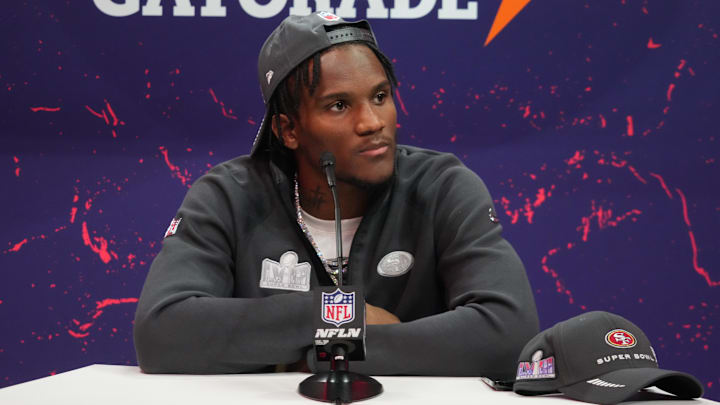 Feb 5, 2024; Las Vegas, NV, USA; San Francisco 49ers cornerback Charvarius Ward (7) during Super Bowl LVIII Opening Night at Allegiant Stadium. Mandatory Credit: Kirby Lee-Imagn Images