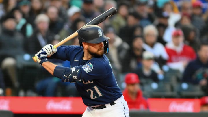 Apr 3, 2023; Seattle, Washington, USA; Seattle Mariners designated hitter Cooper Hummel (21) during