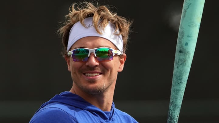 Feb. 13, 2025; Glendale, AZ, USA; Los Angeles Dodgers infielder Kike Hernandez looks on during a Spring Training workout at Camelback Ranch. Feb. 13, 2025; Glendale, AZ, USA; Los Angeles Dodgers infielder Kike Hernandez looks on during a Spring Training workout at Camelback Ranch.