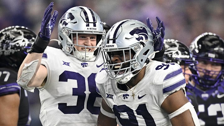 Dec 3, 2022; Arlington, TX, USA; Kansas State Wildcats defensive end Brendan Mott (38) and defensive