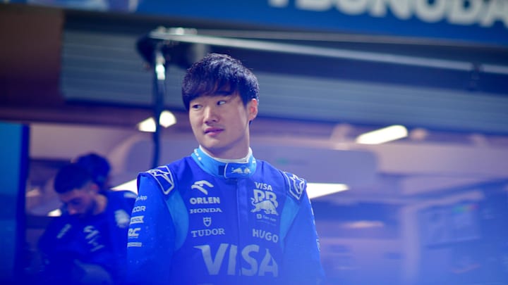 Nov 20, 2024; Las Vegas, Nevada, USA; Visa Cash App RB driver Yuki Tsunoda (22) at Las Vegas Circuit. Mandatory Credit: Gary A. Vasquez-Imagn Images