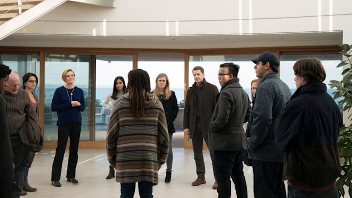 MANIFEST -- "Crosswinds" Episode 110 -- Pictured: (l-r) Jared Grimes as Adrian, Frank Deal as Captain Bill Daly, Shirley Rumierk as Autumn Cox, Francesca Faridany as Fiona Clarke, Parveen Kaur as Saanvi Bahl, Melissa Roxburgh as Michaela Stone, Josh Dallas as Ben Stone -- (Photo by: Virginia Sherwood/NBC/Warner Brothers)