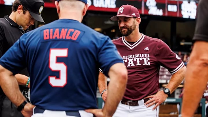 Mississippi State Interim Head Coach Justin Parker during the game between the Ole Miss Rebels and the Mississippi State Bulldogs at Dudy Noble Field at Polk-Dement Stadium in Starkville, MS.
