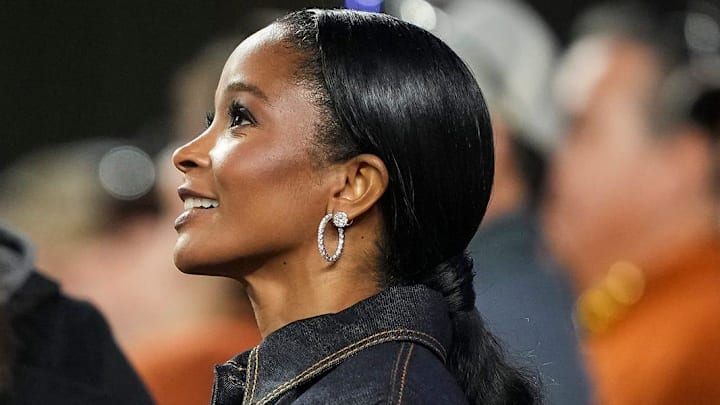 Loreal Sarkisian, wife of Texas Longhorns head coach Steve Sarkisian, watches warm ups before the game against Texas Tech at Darrell K Royal Texas Memorial Stadium on Friday, Nov. 24, 2023.