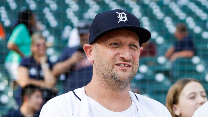 "Detroiters" actors Tim Robinson, left, and Sam Richardson throw the ceremonial first pitch before a game between the Detroit Tigers and Oakland Athletics at Comerica Park in Detroit on Wednesday, July 5, 2023.