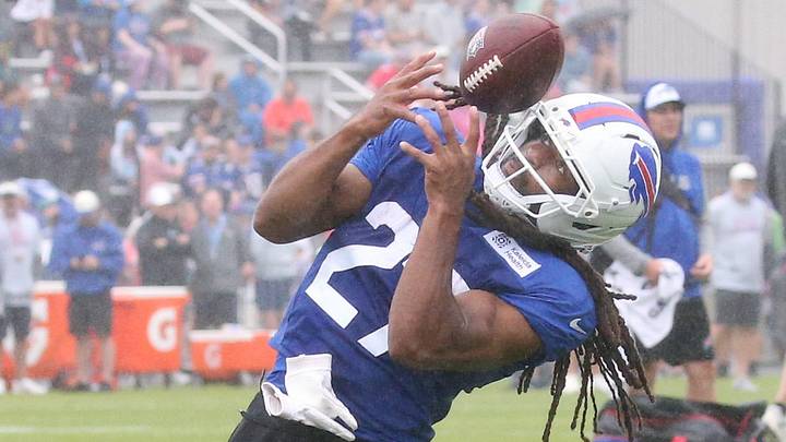 Bills running back Ian Wheeler makes a juggling catch in the end zone during day four of Buffalo Bills training camp at St. John Fisher University Monday, August 3, 2026 in Pittsford. Bills running back Ian Wheeler makes a juggling catch in the end zone during day four of Buffalo Bills training camp at St. John Fisher University Monday, August 3, 2026 in Pittsford.