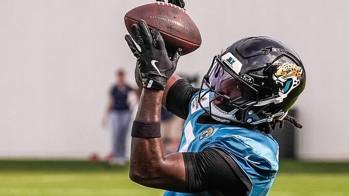 Jacksonville Jaguars Wide Receiver Brian Thomas Jr. (7) hauls in a pass during the fourth day of NFL Training Camp in shells at the Miller Electric Center on Sunday, August 2, 2026, in Jacksonville, Fla.  [Doug Engle/Florida Times-Union]