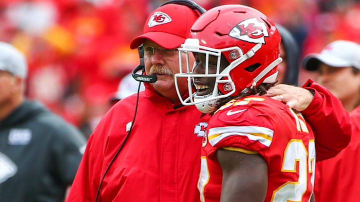 Kansas City Chiefs head coach Andy Reid talks with running back Kareem Hunt (27) in the second half against the Jacksonville Jaguars at Arrowhead Stadium. Kansas City Chiefs head coach Andy Reid talks with running back Kareem Hunt (27) in the second half against the Jacksonville Jaguars at Arrowhead Stadium.