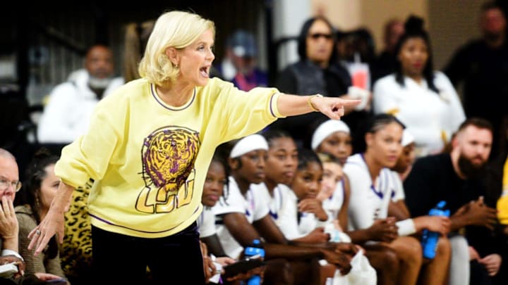 LSU women's basketball coach Mulkey during their game against Grambling Sunday afternoon, December 8, 2024, at the Brookshire Grocery Arena in Bossier City.