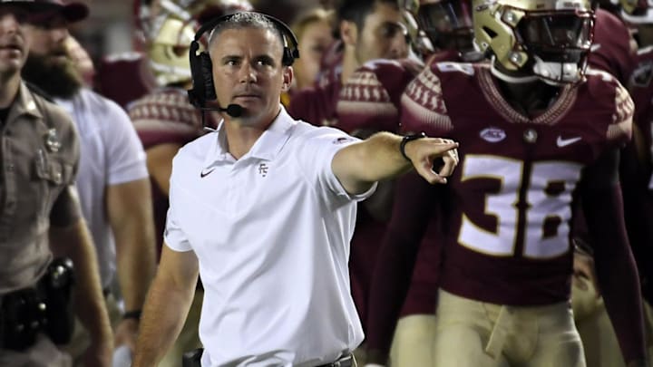 Sep 5, 2021; Tallahassee, Florida, USA; Florida State Seminoles head coach Mike Norvell during the game against the Notre Dame Fighting Irish at Doak S. Campbell Stadium. Mandatory Credit: Melina Myers-Imagn Images