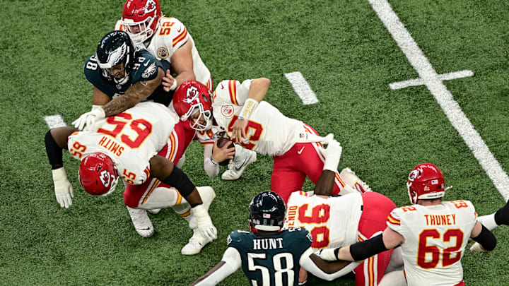 The Eagles' front put pressure on Mahomes throughout the game, leaving him little time to find his receivers down the field.