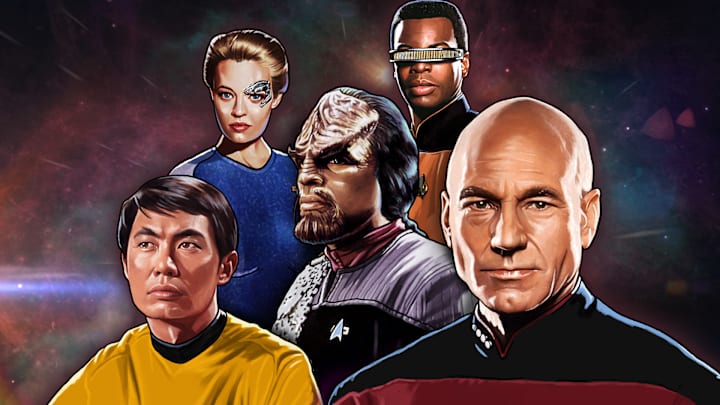 Starfleet uniforms from several eras of Star Trek history.