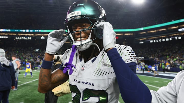 Dec 18, 2025; Seattle, Washington, USA; Seattle Seahawks wide receiver Rashid Shaheed (22) celebrates after defeating the Los Angeles Rams in overtime at Lumen Field. 