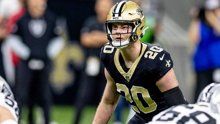Dec. 29, 2024; New Orleans, Louisiana, USA; New Orleans Saints linebacker Pete Werner (20) looks on against the Las Vegas Raiders during the first half at Caesars Superdome. Mandatory Credit: Stephen Lew-Imagn Images