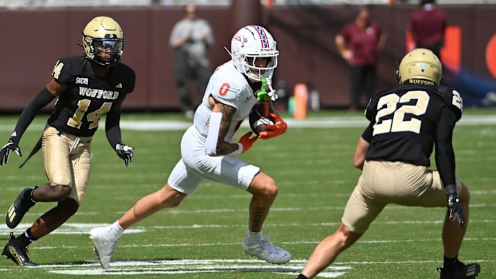 Sep 20, 2025; Blacksburg, Va.; Virginia Tech wide receiver Ayden Greene (0) runs after a catch.