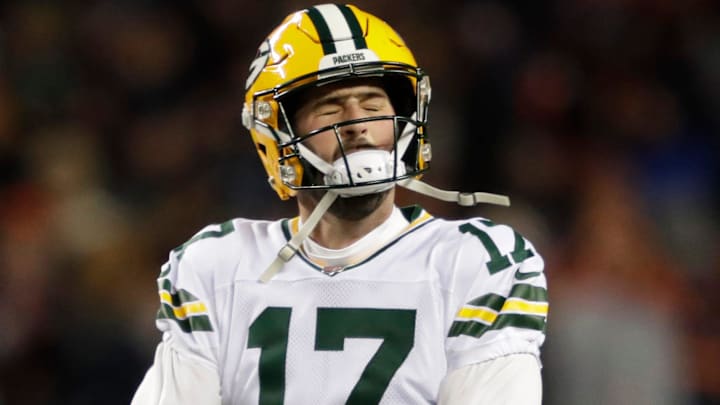 Green Bay Packers place kicker Brandon McManus (17) reacts after missing a field goal late in the fourth quarter against the Chicago Bears during their wild-card playoff football game Saturday, January 10, 2026, at Soldier Field in Chicago, Illinois.
