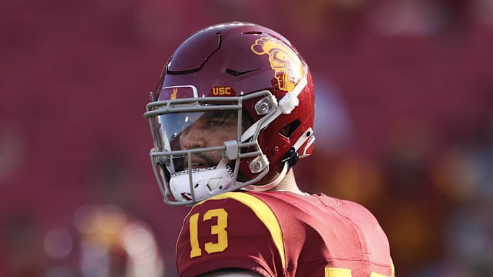 Nov 4, 2023; Los Angeles, California, USA; USC Trojans quarterback Caleb Williams (13) looks on