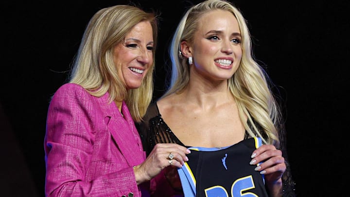 Apr 14, 2025; New York, New York, USA;  Hailey Van Lith poses with WNBA commissioner Cathy Engelbert after being selected with the number eleven overall pick to the Chicago Sky in the 2025 WNBA Draft at The Shed at Hudson Yards. Mandatory Credit: Vincent Carchietta-Imagn Images