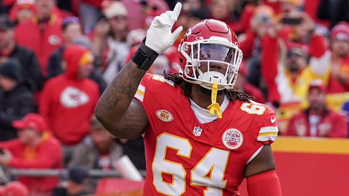Dec 10, 2023; Kansas City, Missouri, USA; Kansas City Chiefs offensive tackle Wanya Morris (64) is introduced against the Buffalo Bills prior to a game at GEHA Field at Arrowhead Stadium. Mandatory Credit: Denny Medley-Imagn Images