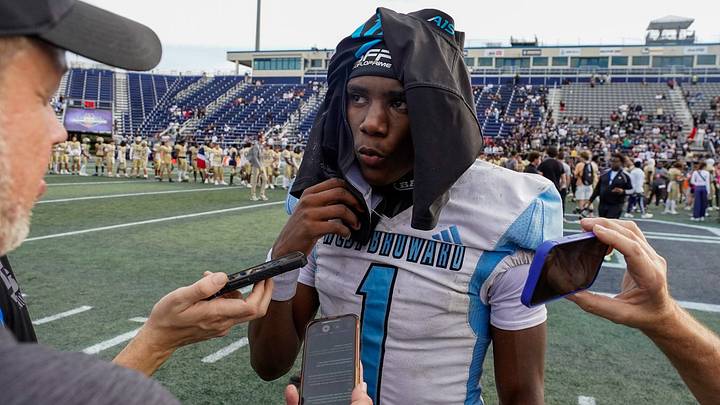 West Broward defensive back Amir Sears (1) talks to reporters after losing 31-0 to West Boca in the 6A State Final at Pitbull Stadium on Dec. 12, 2025, in Miami, FL.