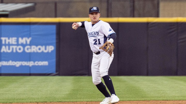 Whitecaps shortstop Kevin McGonigle looks to pass the ball to a teammate on Friday, April, 4, at LMCU Ballpark. Whitecaps shortstop Kevin McGonigle looks to pass the ball to a teammate on Friday, April, 4, at LMCU Ballpark.
