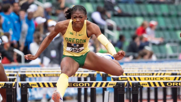 Oregon’s Aaliyah McCormick, win the women’s 100 meter hurdles during day three of the Big Ten Outdoor Track and Field Championships on May 18, 2025, at Hayward Field in Eugene.