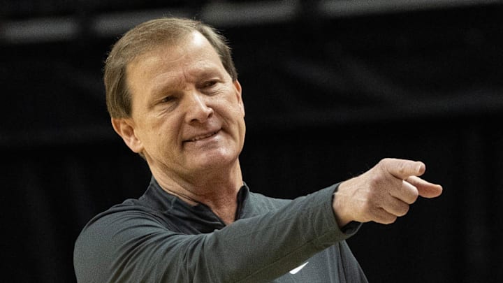 Oregon mens basketball coach Dana Altman calls to his bench during the game against Illinois at Matthew Knight Arena in Eugene Thursday, Jan. 2, 2025.