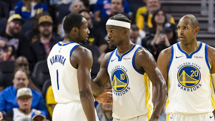 Oct 8, 2025; San Francisco, California, USA; Golden State Warriors forward Jimmy Butler III (10) reacts towards forward Jonathan Kuminga (1) during the second quarter against the Portland Trail Blazers at Chase Center. Mandatory Credit: John Hefti-Imagn Images Oct 8, 2025; San Francisco, California, USA; Golden State Warriors forward Jimmy Butler III (10) reacts towards forward Jonathan Kuminga (1) during the second quarter against the Portland Trail Blazers at Chase Center. Mandatory Credit: John Hefti-Imagn Images