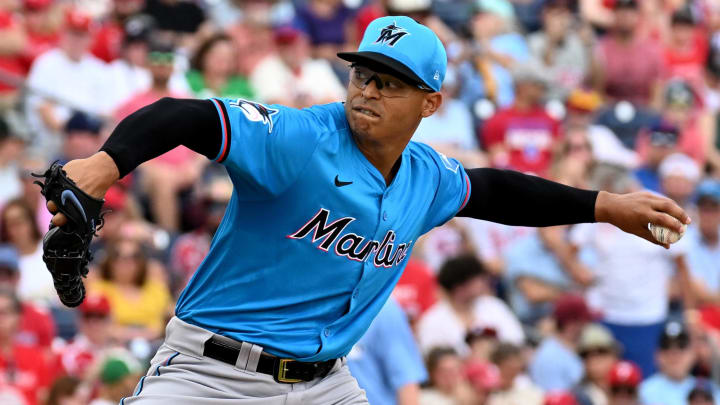 Mar 1, 2024; Clearwater, Florida, USA; Miami Marlins pitcher Jesus Luzardo (44) throws a pitch in the first inning of the spring training game against the Philadelphia Phillies at BayCare Ballpark.