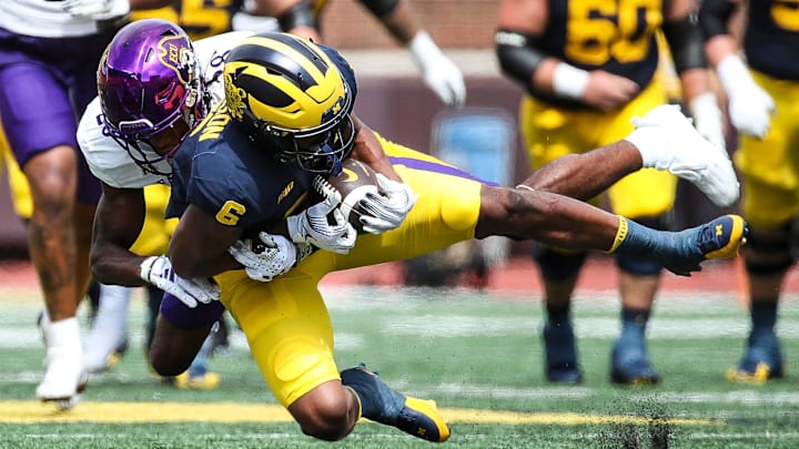 Michigan wide receiver Cornelius Johnson makes a catch against East Carolina defensive back Shavon Revel.