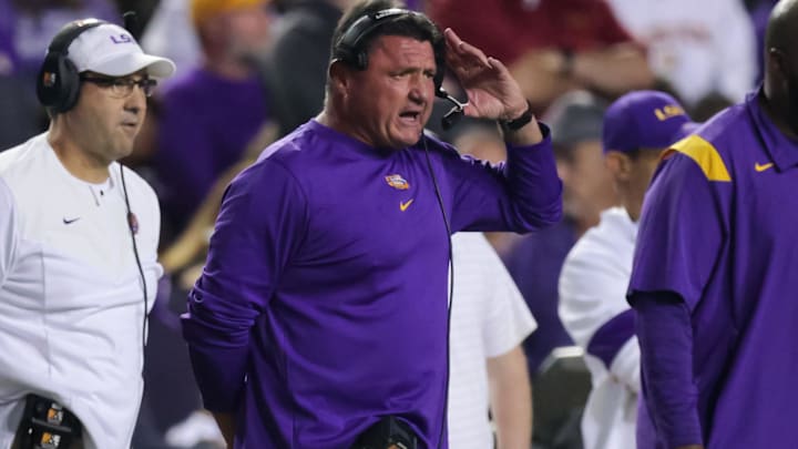 Nov 20, 2021; Baton Rouge, Louisiana, USA; LSU Tigers head coach Ed Orgeron looks on against Louisiana Monroe Warhawks during the first half at Tiger Stadium. Mandatory Credit: Stephen Lew-Imagn Images