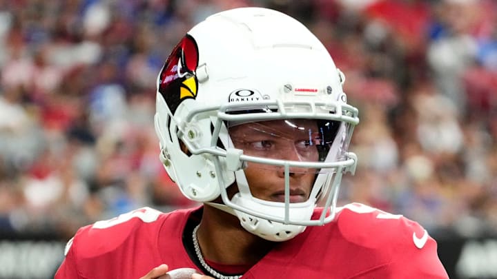 Sep 17, 2023; Glendale, AZ, USA; Arizona Cardinals quarterback Joshua Dobbs (9) prepares to return to the field against the New York Giants in the first half at State Farm Stadium. Mandatory Credit: Rob Schumacher-Arizona Republic