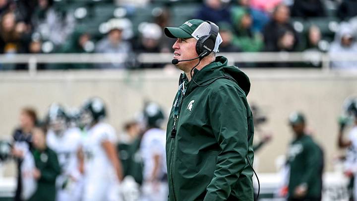 Michigan State's head coach Pat Fitzgerald looks on during the football Spring Showcase on Saturday, April 18, 2026, at Spartan Stadium in East Lansing.