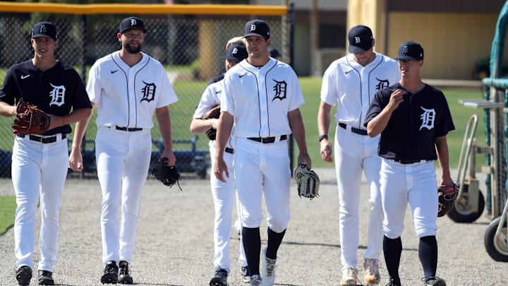March 14, 2022; Lakeland, FL, USA; Pitchers walk to live batting practice during Detroit Tigers
