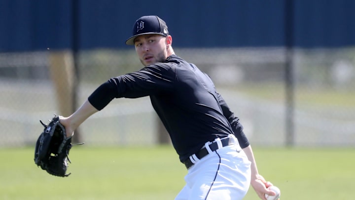 Detroit Tigers pitcher Brendan White warms up during spring training Sunday, Feb. 19, 2023 in